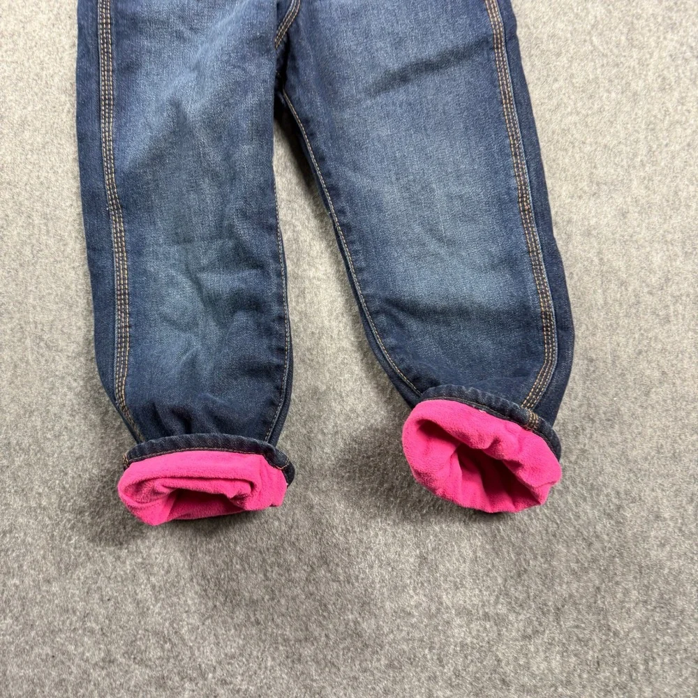 OshKosh Bgosh Girl 5T Blue Denim Fleece Lined Bib Overalls Vest Back Pink Lining